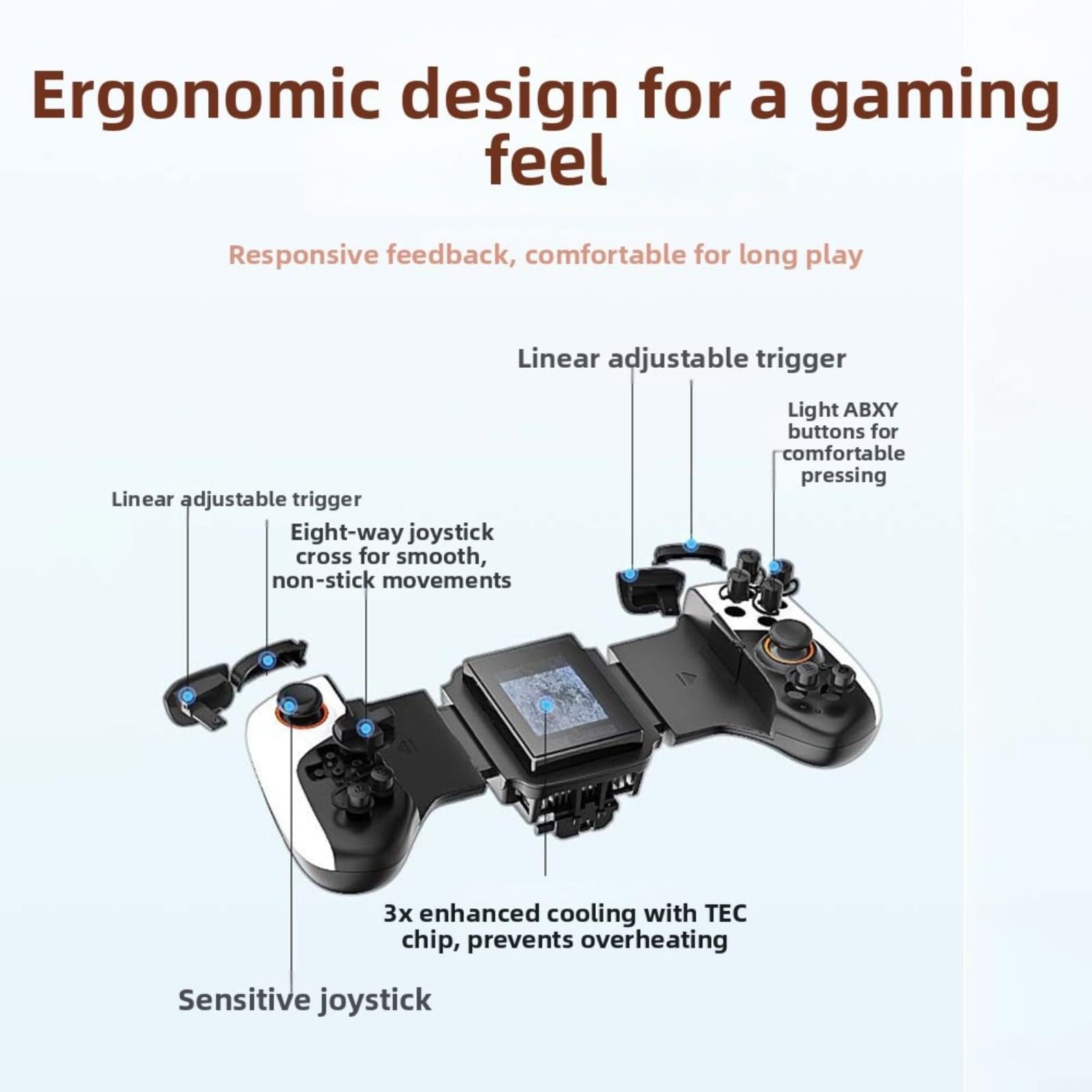 Gettimore Controller di gioco mobile cablato USB con sistema di raffreddamento attivo, per gamepad compatto con doppio joystick per videogiochi, nero