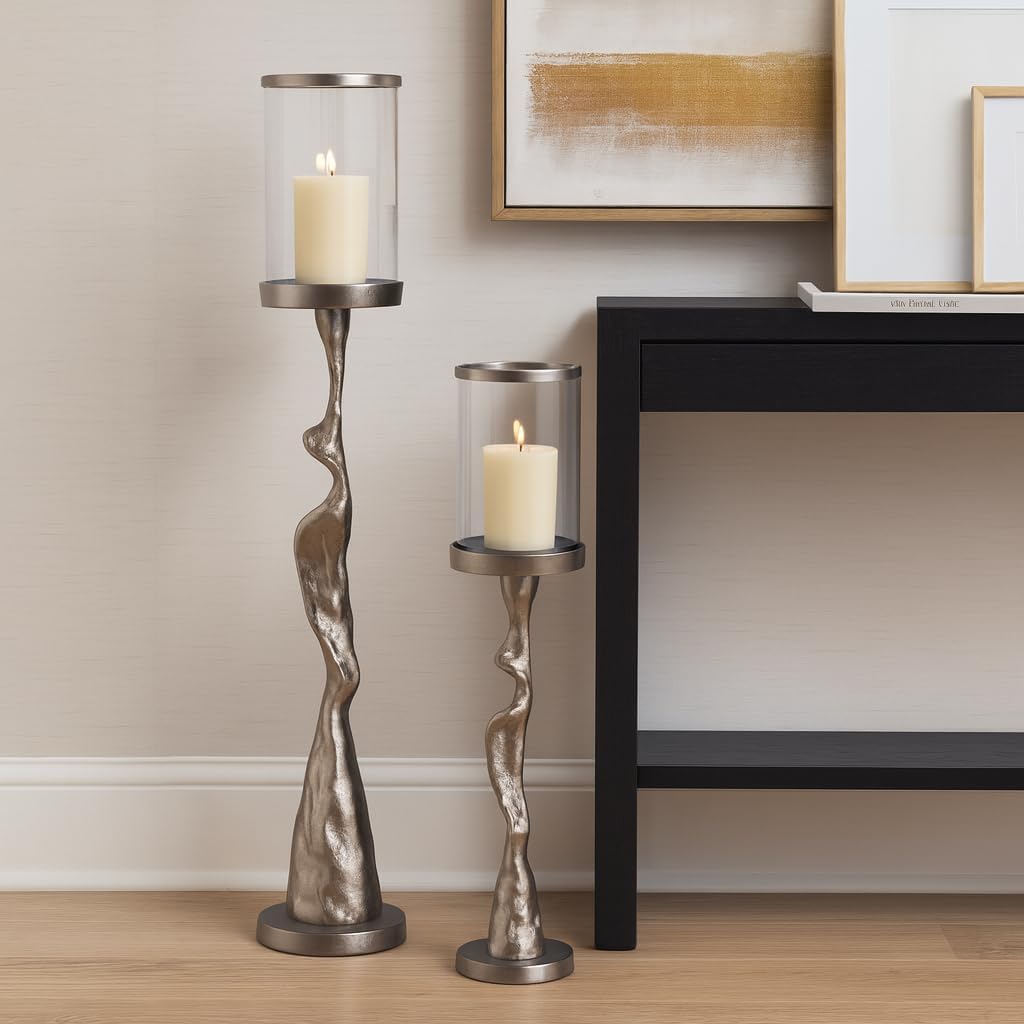 Elegant Tall Candle Stand Holder for Pillar Candles - Decorative Sculptural Candle Holder for Mantel and Table Centerpieces - Candlestick Holder for Home Decor Accent - Set of 2, 30", 21", Silver
