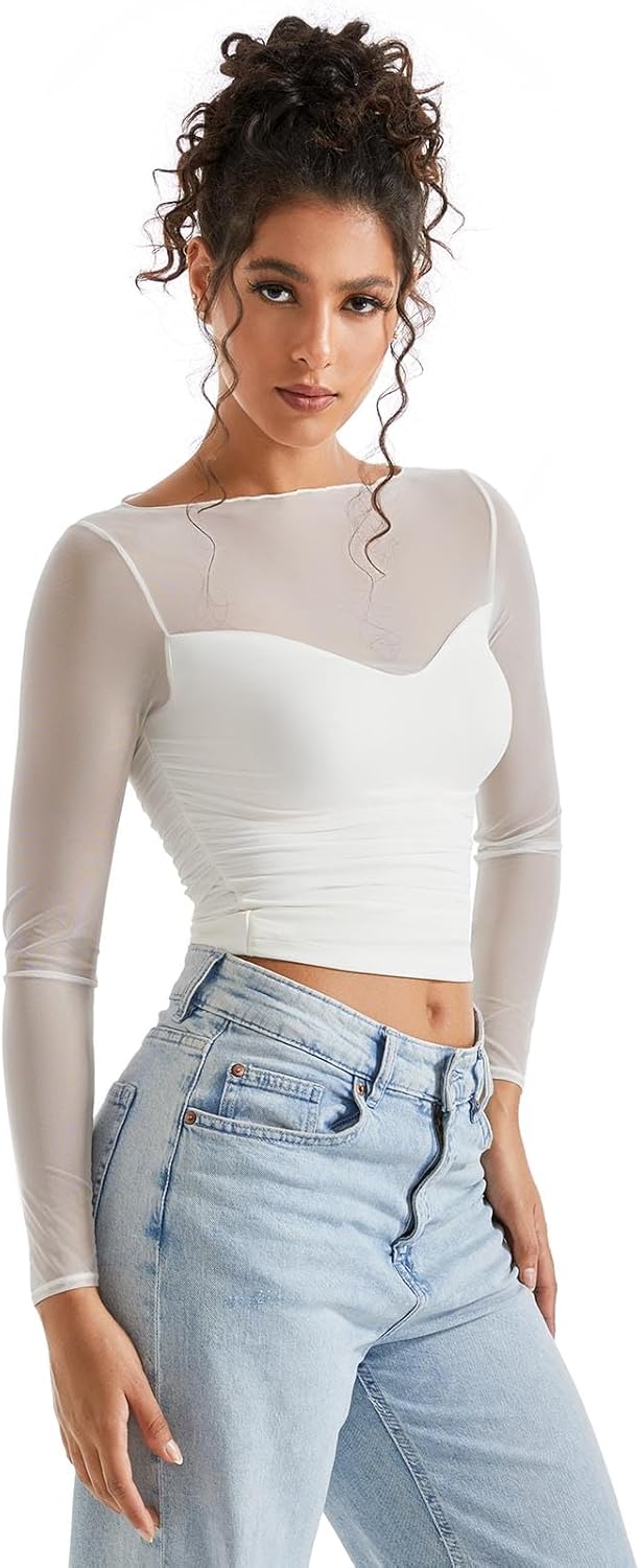 SUUKSESS Women Double Line Mesh Sheer Crop Tank Tops Boat Neck Long Sleeve Shirts - Image 6