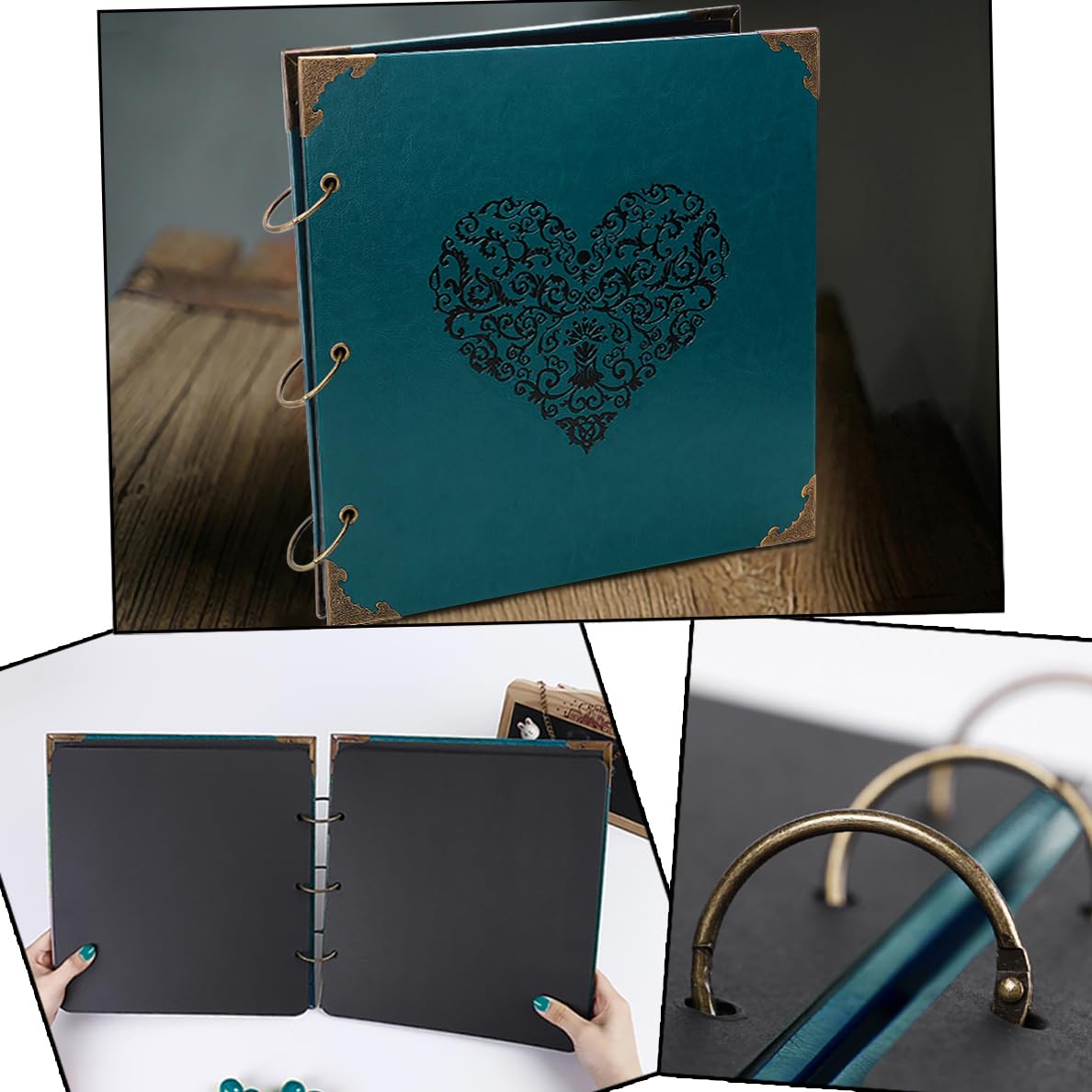 Album na zdjęcia, DIY, do scrapbookingu, 25 x 25 cm, 50 stron, skórzana okładka, segregator z trzema pierścieniami, z 408 samoprzylepnymi narożnikami zdjęć, do przechowywania pamięci, serce