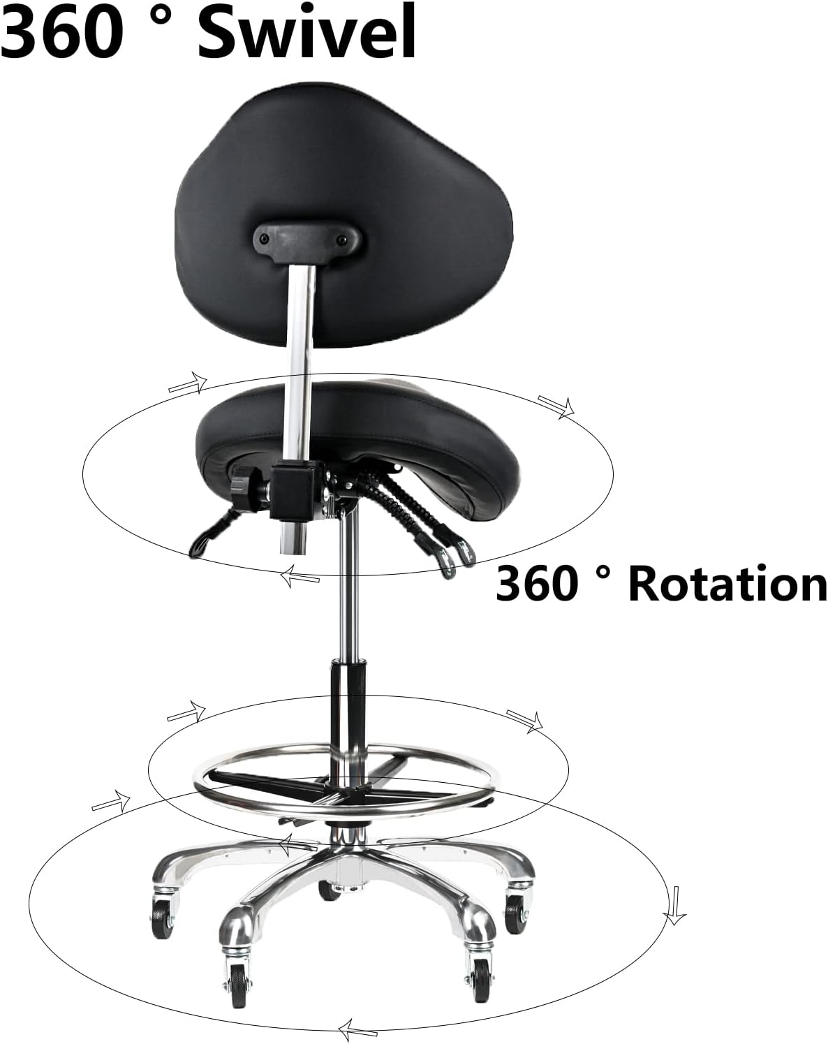 Saddle Stool Rolling Chair Tall with Backrest Foot Rest Hydraulic Swivel Adjustable Height Ergonomic Tilt Thick Seat with Casters for Dental Hygienist Eyelash Technician Hairstylist Black