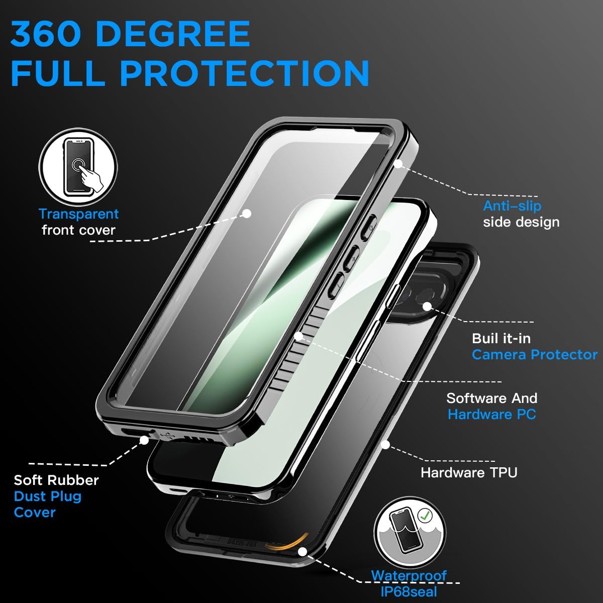 Generic Funda compatible con Google Pixel 10 (color: negro), impermeable, cuerpo completo, a prueba de golpes, parte trasera dura, carcasa completa de silicona a prueba de golpes