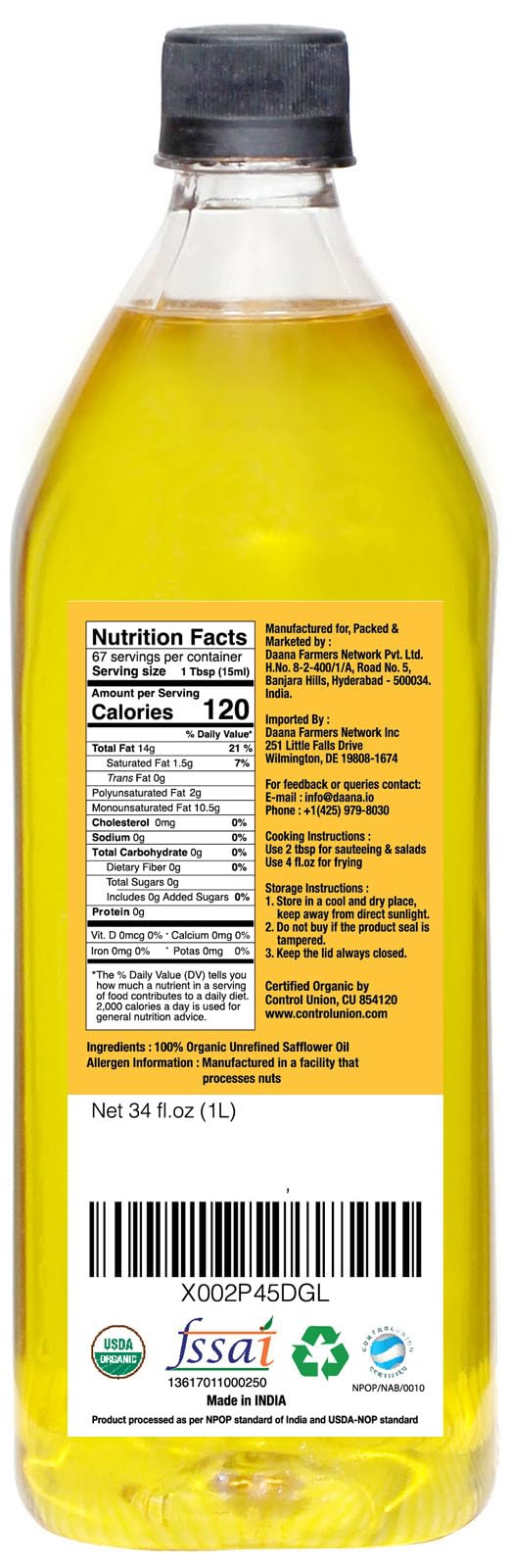 Amazon.com: Daana Safflower Oil: Certified USDA Organic, Extra