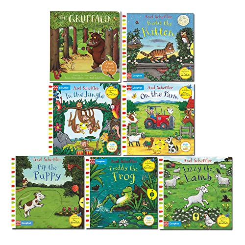 Campbell Axel Scheffler Push Pull and Slide Book Collection 7 Books Set (The Gruffalo, Katie the Kitten, In the Jungle, On the Farm, Freddy the Frog, Pip the Puppy, Lizzy the Lamb)