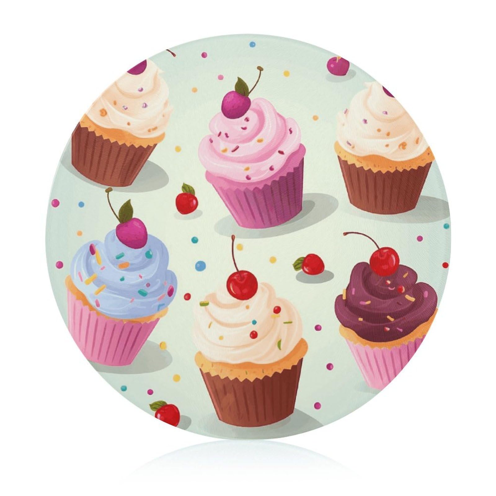 Planche à découper en verre trempé ronde 20cm motif cupcake