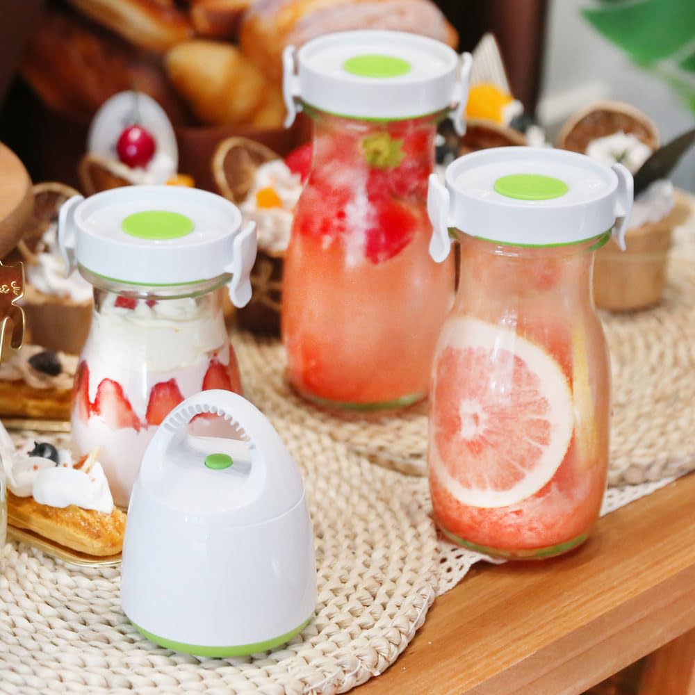 Carafe FOSA avec couvercle sous vide, ensemble de 4 pièces, 4 carafes en verre (370 ml x4), pichet sous vide - pour thé glacé, jus, lait