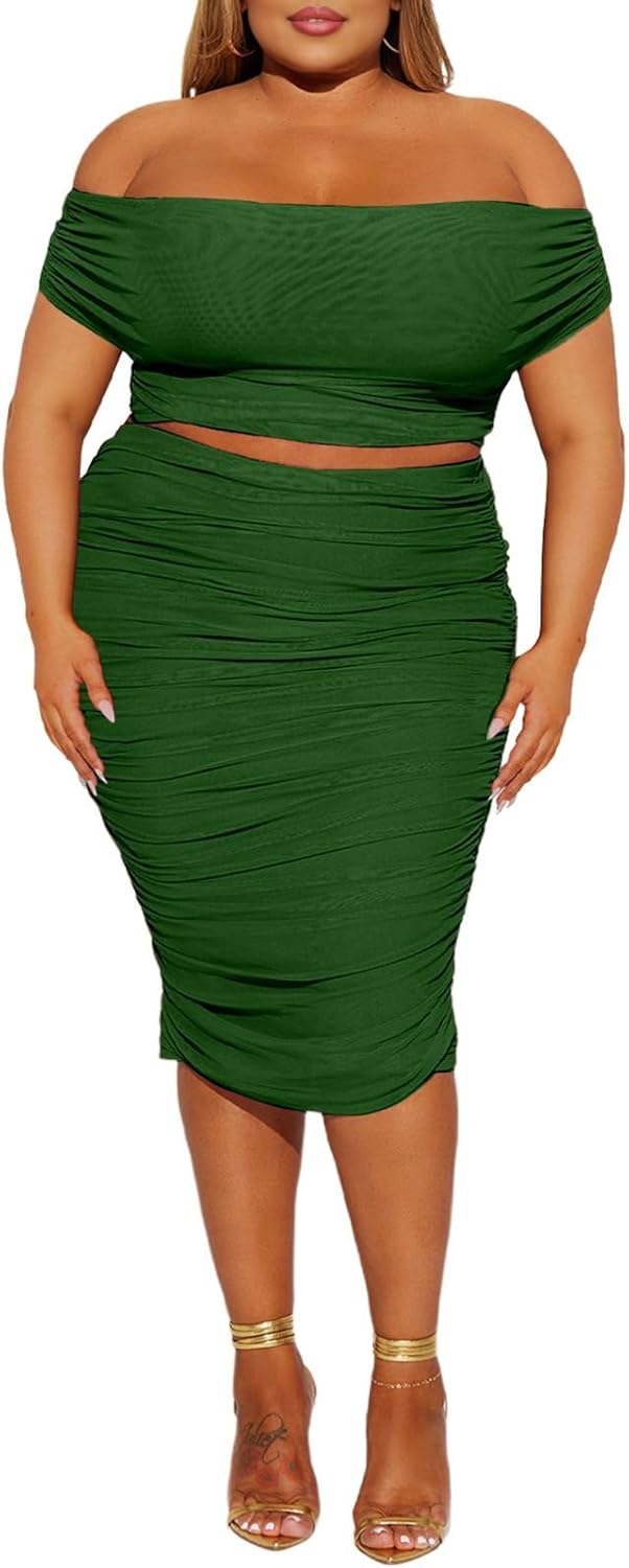 2 Piece Skirt Set Sexy Mesh Ruched Bodycon Tube Top Cocktail Party Midi Dress Club Outfits - Image 4