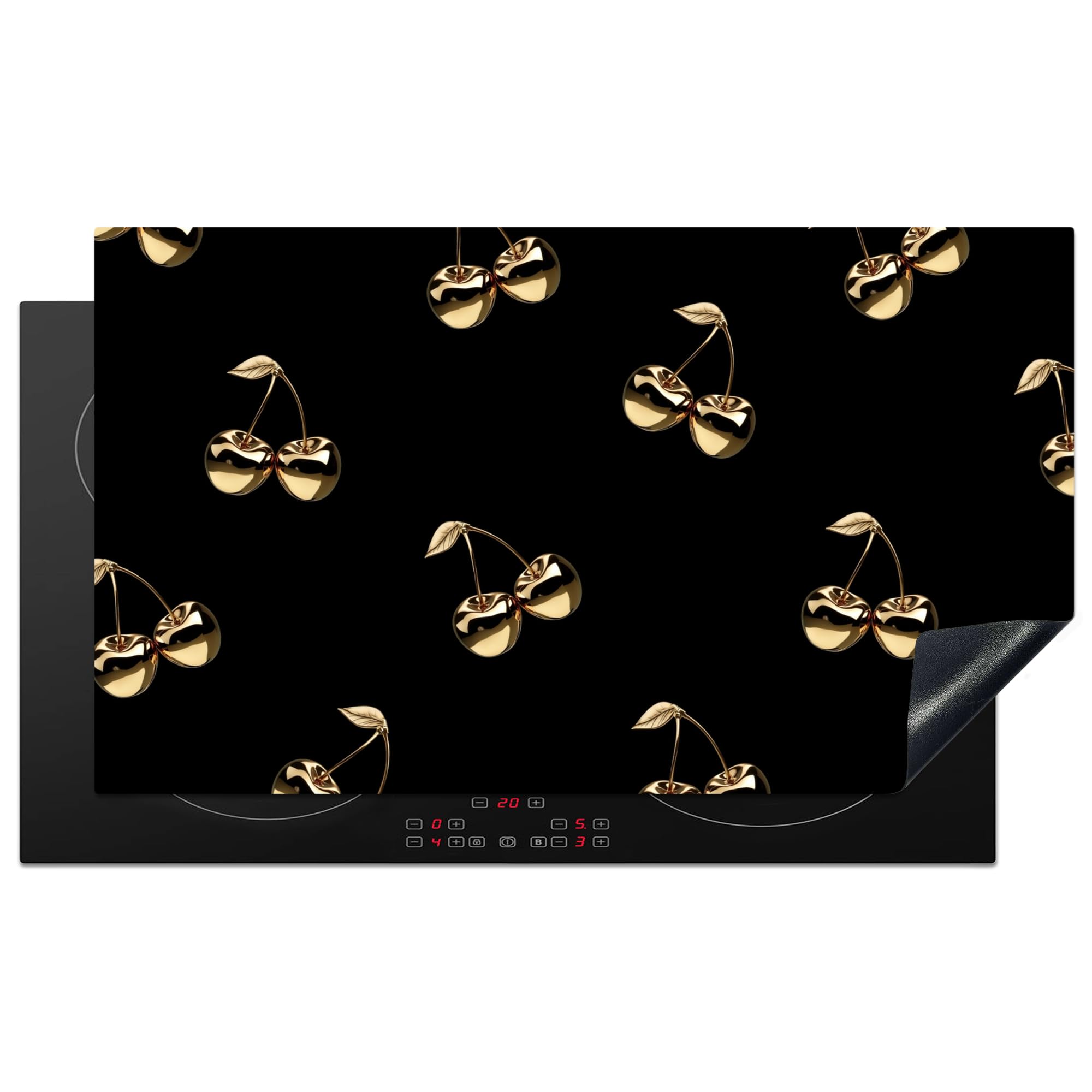KitchenYeah© Induction Hob Protector Mat 20.8"x36" / 91.6x52.7 cm Cooker Top Protectors Cover Ceramic Covers Electric Hobs Vinyl Pattern - Cherries - Gold - Chrome