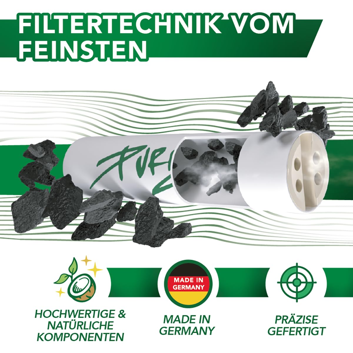 PURIZE® SUPER Slim Size Aktivkohlefilter ø 5,5 mm – 500er Pack - Weiß | Aktivkohle auf Kokosnuss-Basis, extraschlankes Design, Keramikkappen beidseitig, wiederverschließbar, Made in Germany