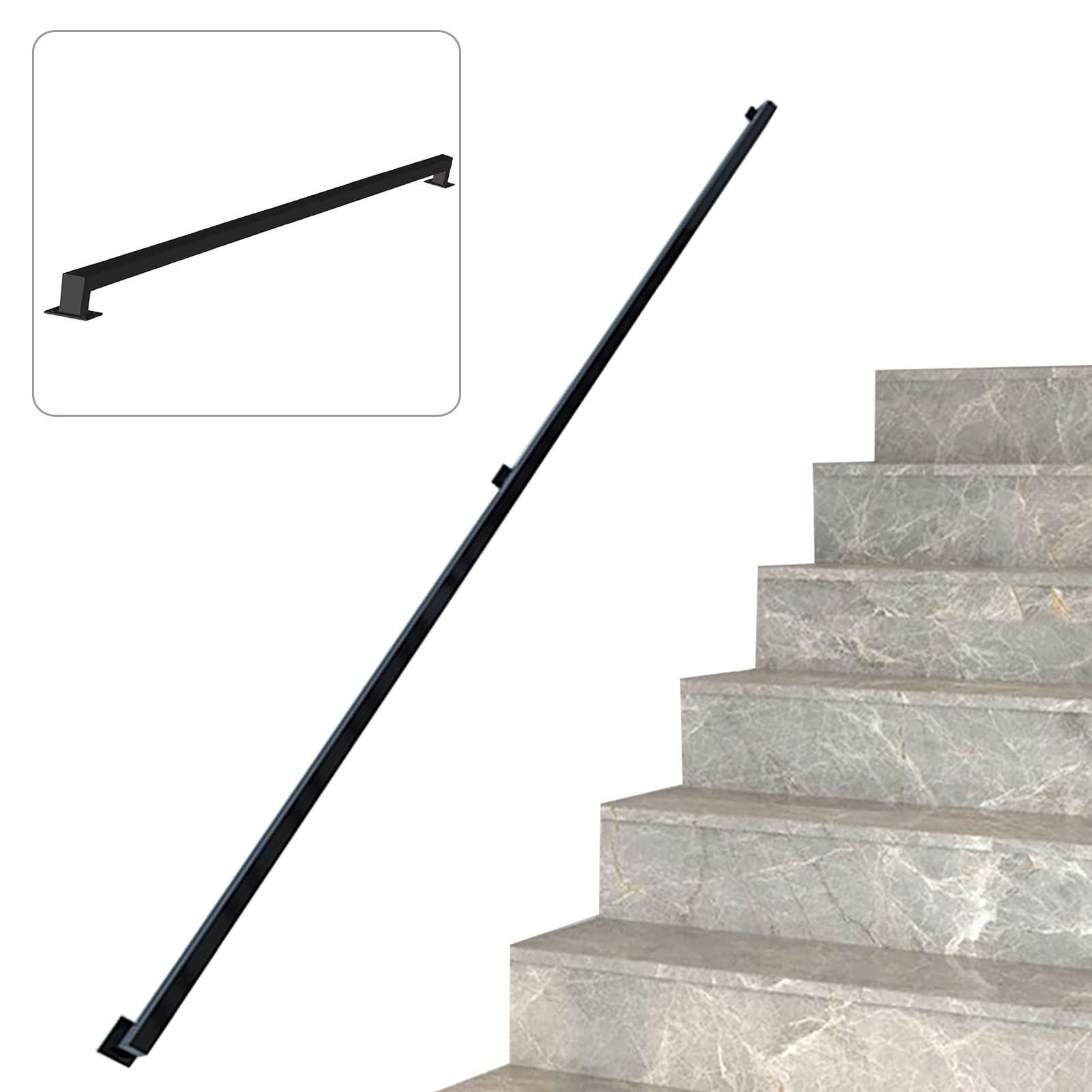 Stair Banisters Handrails Railings, Wall Handrail Kit Staircase Hand Rails Armrest, Safety Support Rod Black Square Pipe Elderly Kids Balustrade(18ft/540cm)