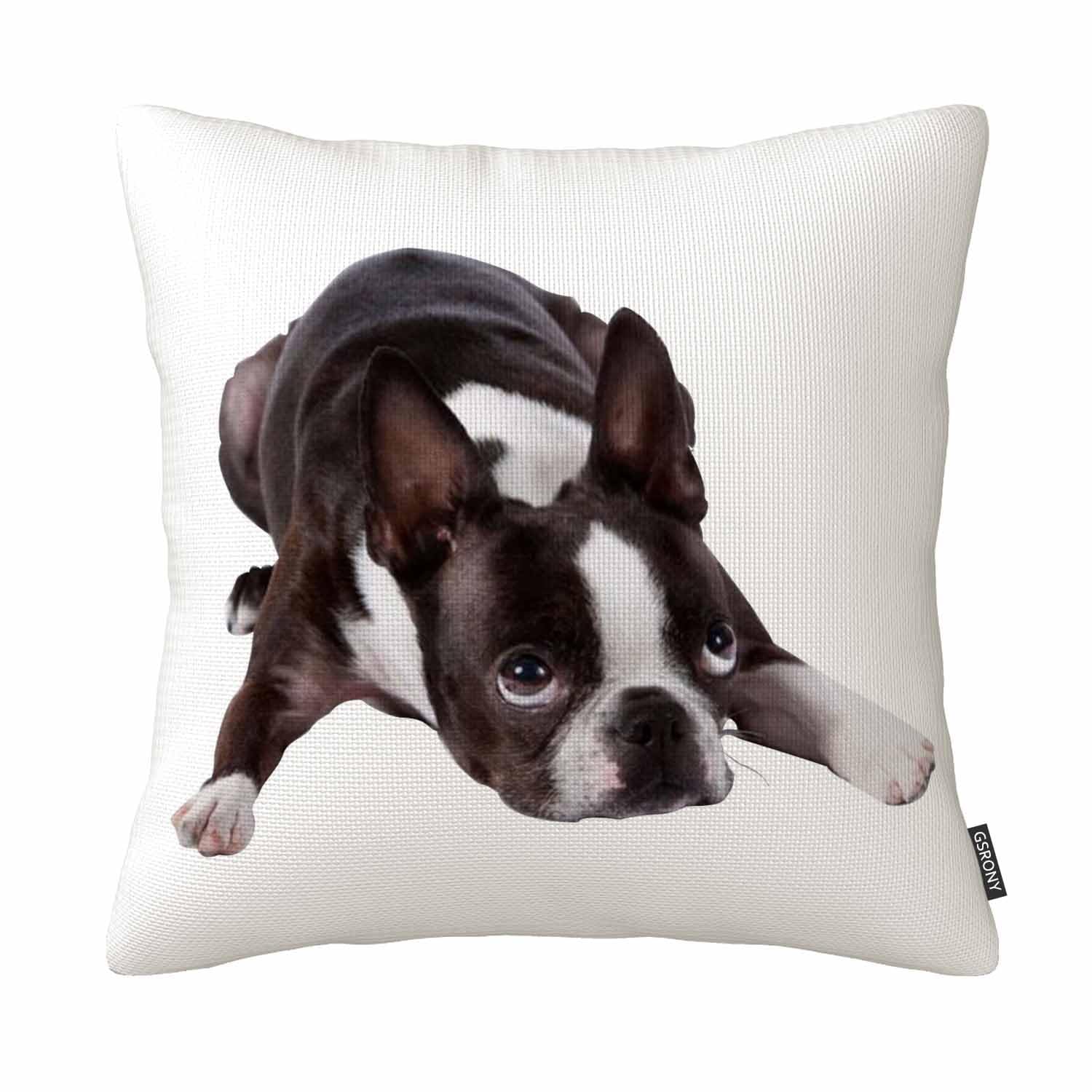 Cotton Linen Cute Pet Dog Human Friend Boston Terrier Throw Pillow Case Cushion Cover Decorative Sofa Bedroom 18X18 Inches