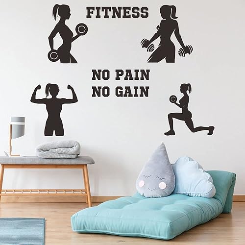 Miniatura 6 de JWH177 - Calcomanía de pared para mujer, con frase motivacional "No Pain No Gain", con citas motivacionales para levantar pesas, vinilo extraíble de