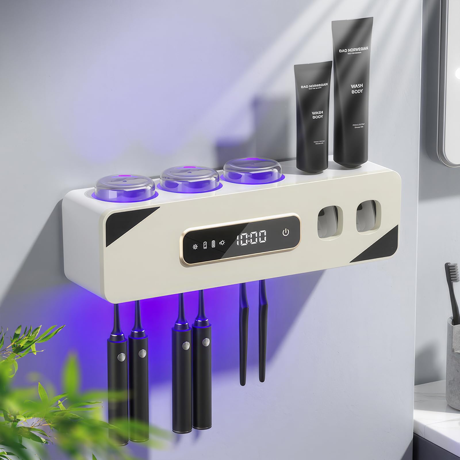 Smart Cleaning Toothbrush Holder, Smart Drying & Cleaning Bathroom Toothbrush Holder with 2 Toothpaste Dispensers, Wall Mounted Organizer for Electric/Manual Toothbrushes with 3 Cups 6 Slots (Beige)