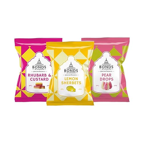 Original Bonds of London Candy Variety Pack – Rhubarb & Custard 130g, Lemon Sherbets 120g, Pear Drops 120g – Best of British Sweets – Imported from the UK (Rhubarb & Custard, Lemon Sherbets and Pear Drops) - Rhubarb & Custard, Lemon Sherbets and Pear Drops