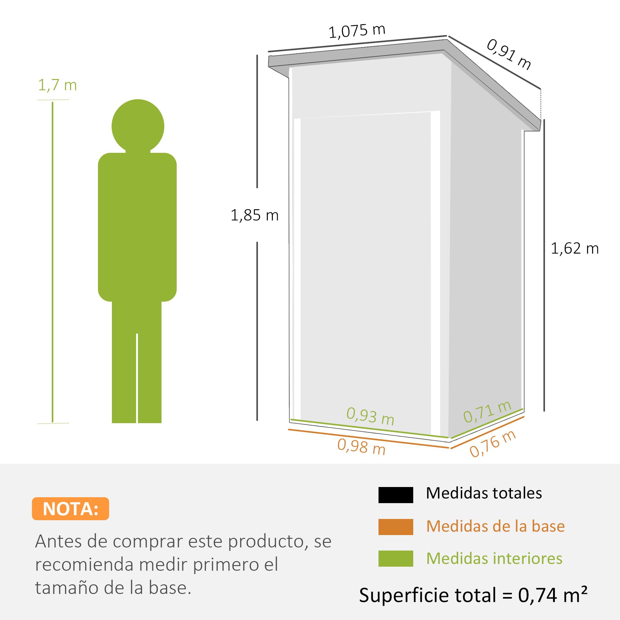 Outsunny Caseta de Jardín Exterior 0,74 m², 107,5x91x185 cm, Cobertizo de Jardín Exterior Metálico con Techo Inclinado, Puerta con Cerradura y Ventilaciones para Almacenamiento de Herramientas, Verde