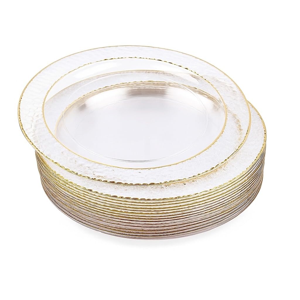 MATANA 100 Premium Clear Plastic Dessert Plates with Gold Rim - 19cm / 7 Inch - Elegant & Reusable Small Side Plates, Starter Plates for Weddings, Birthdays, Picnic, Parties