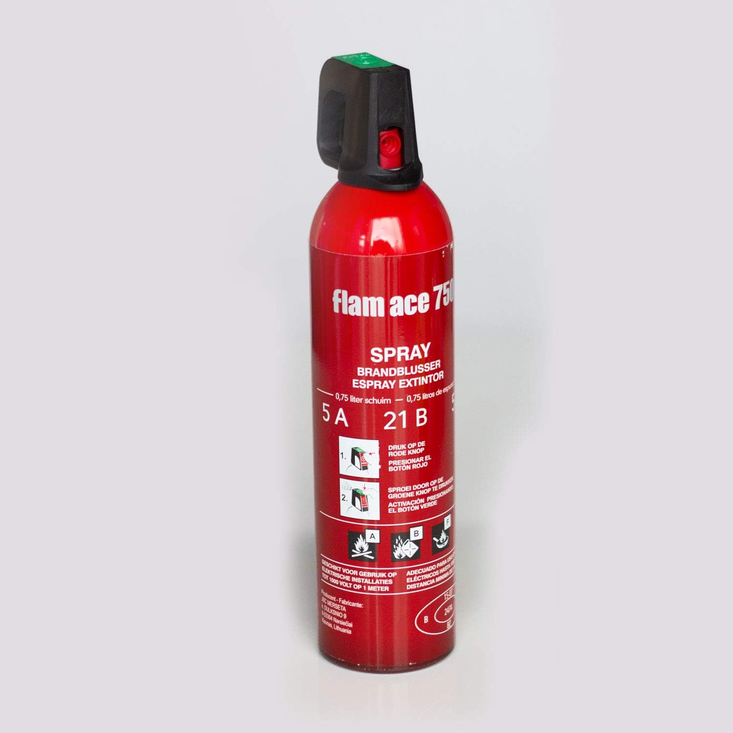 Extintor Coche Spray Flam Ace 750ml contra incendios en casa, caravana, barco, oficina, camping, cocinas, biodegrabale sin residuos para fuegos ABF y eléctricos hasta 1.000V, rojo