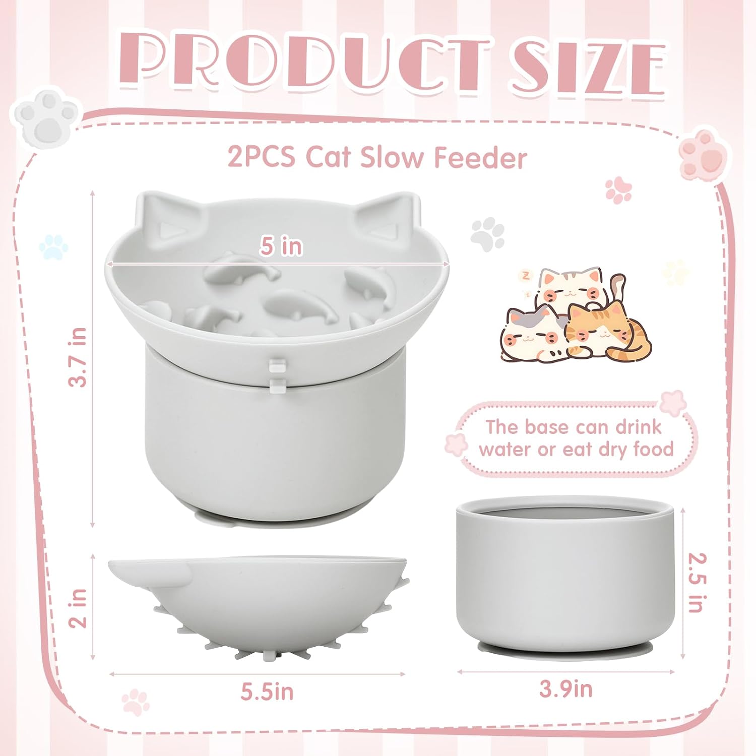 Funnymoom 2 Pack Silicone Cat Slow Feeder, Elevated Slow Feeder Cat Bowl for Dry and Wet Food, Tilted Design with Non Slip Base, Adjustable Angle for Pet(Gray and Pink)