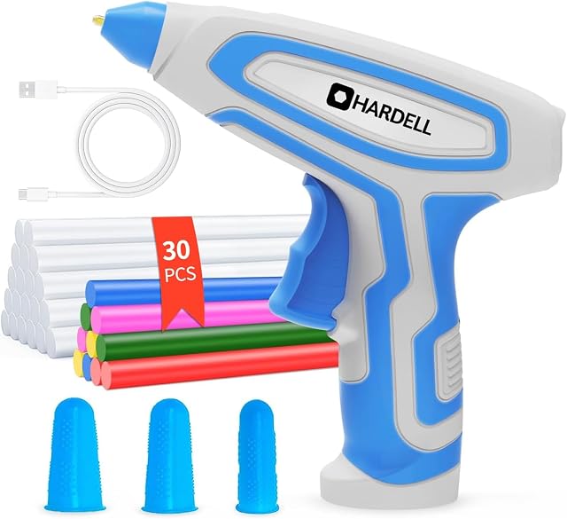 HARDELL 4V Cordless Hot Glue Gun Kit with 30P Mini Glue Sticks,3 Finger Protectors,Fast Preheating & Auto Gluing Out,Hot Melt Glue Gun with Smart Power-Off,Type-C Mode Charging for Crafts, Arts, DIY