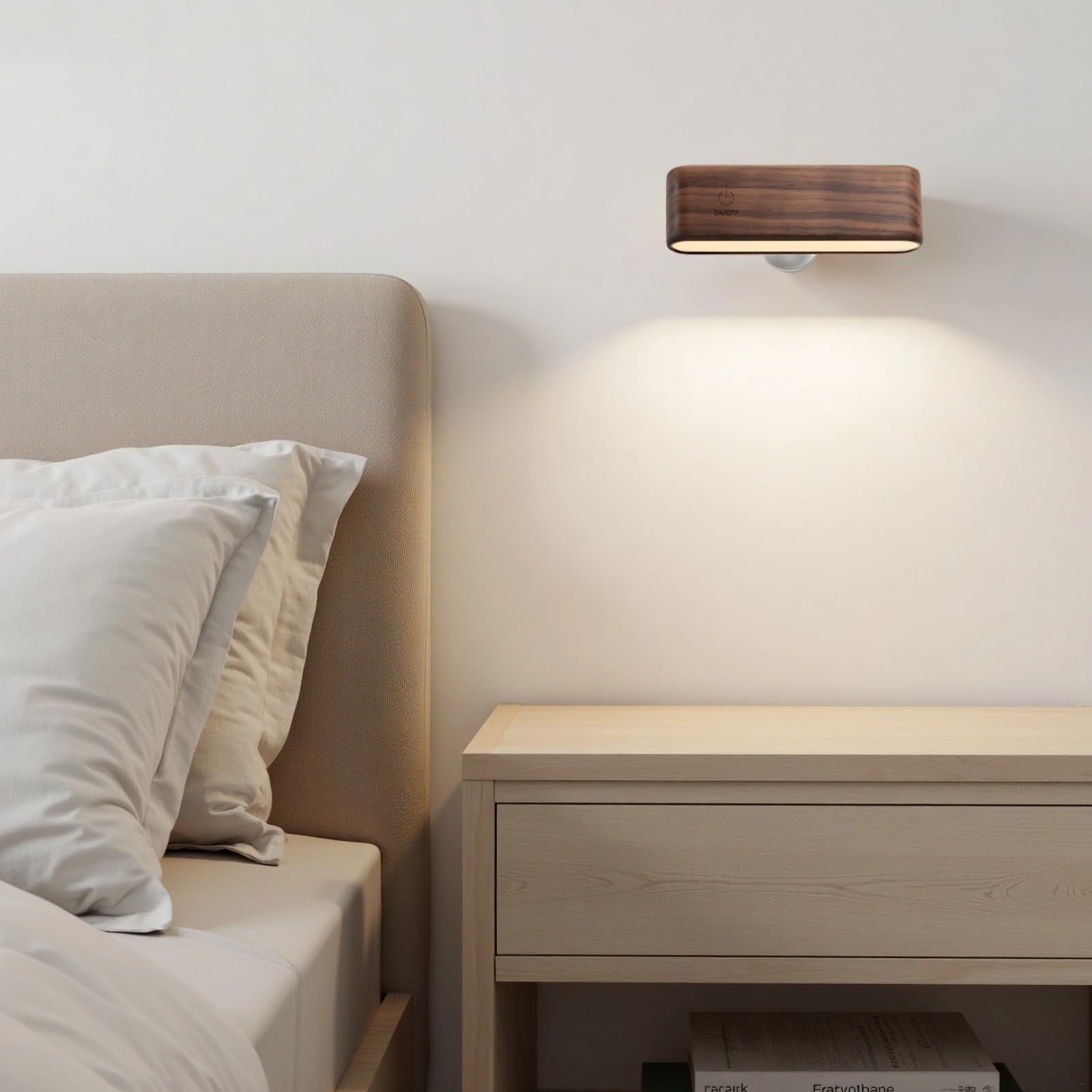 Aplique de pared LED de nogal negro, 2 luces de lectura con batería recargable, estilo nórdico mínimo, batería de 2600 mAh