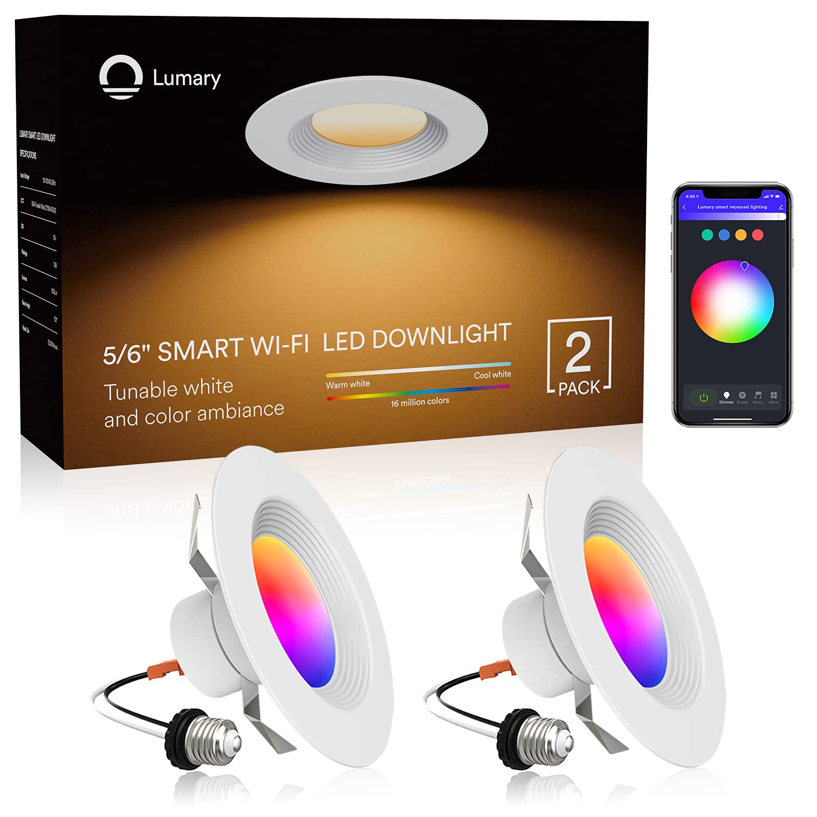 Smart Recessed Lighting Lumary 5/6 Inch LED Recessed Lighting Fixtures Slim Can Lights 13W 1100LM RGBWW Dimmable Retrofit Downlight Canless Compatible with Alexa/Google Assistant-IC Rate(5/6 in WiFi-2