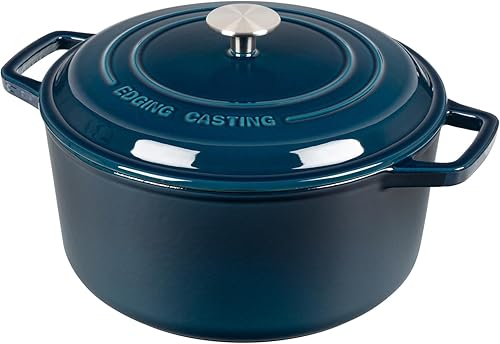 Miniatura 2 de EDGING CASTING Olla holandesa de hierro fundido esmaltado con tapa para hornear pan, cocinar, horno de pan, 7.5 cuartos de galón, azul