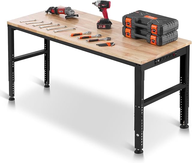 VEVOR Courbe de travail réglable, 2000 Capacité, 61 x 20-inch Banc de travail lourd avec 27,136 pouces Réglage de la hauteur, Garage Workbench avec sorties d'alimentation, adapté pour le bureau, Garager, Atelier