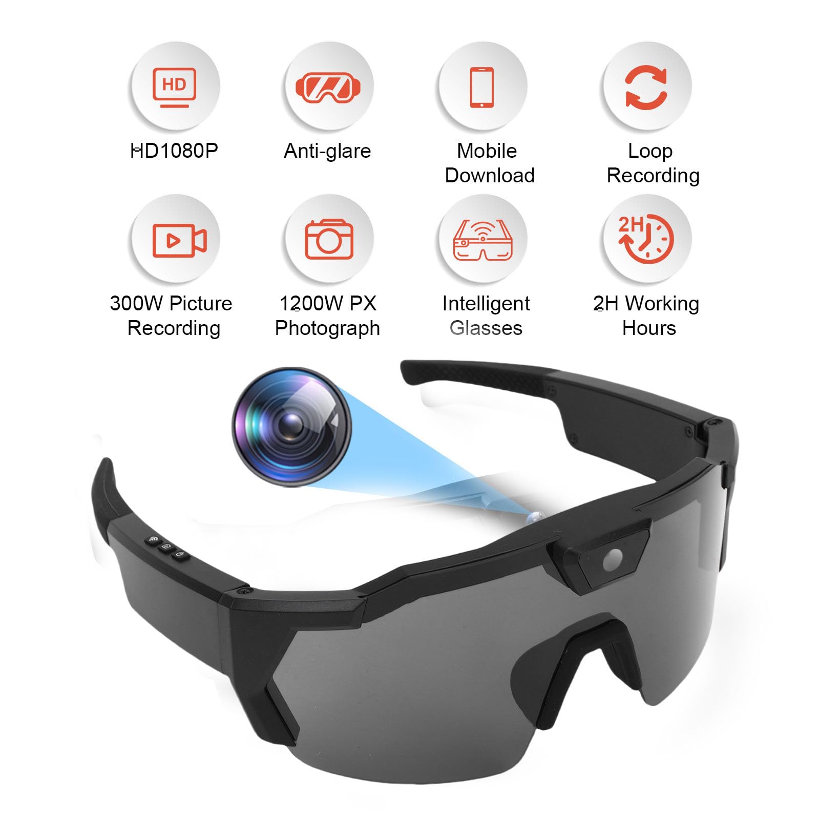 Smart-Kamera-Brille, Videobrille mit HD-1080p-Videoaufzeichnung, 120°-Weitwinkelobjektiv, WLAN, tragbare Sonnenbrille für Outdoor, Indoor, Sport, Radfahren, Wandern, Reiten