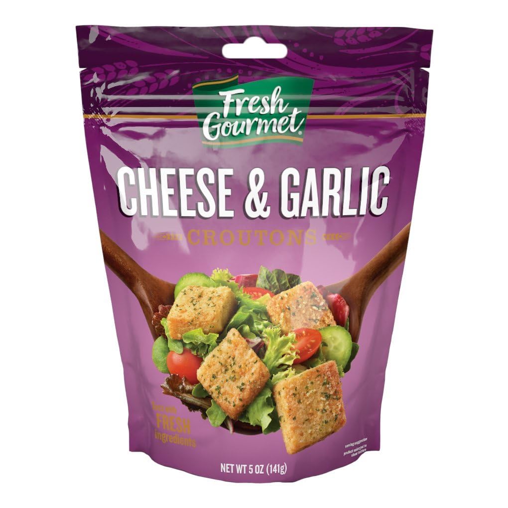 Fresh Gourmet Cheese & Garlic Premium Croutons 5oz Pack of 6 - Restaurant-Style Crunchy Salad Toppers