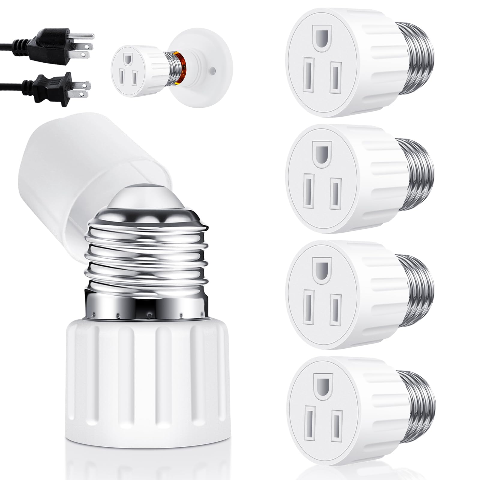 (4 Packs) 3 Prong Light Socket to Plug Adapter, E26 E27 Light Socket Outlet Adapter, Stability Performance & Professional Materials (White)
