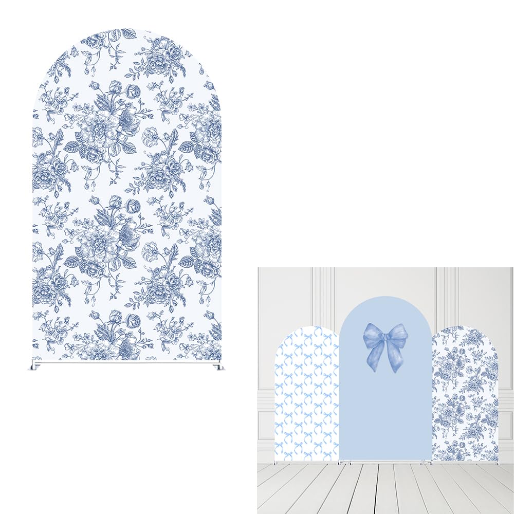 Blue Bows Birthday Party Arch Backdrop Covers Baby in Blooms Floral Baptism Shower Wedding Parties Decorations Top Round Arch Stand Spandex Cover (