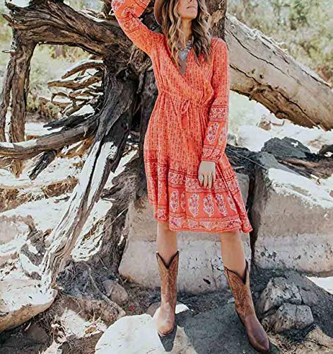 R.Vivimos Women's Autumn Long Sleeve Floral Print V Neck Knee Len gth Dress (Large, Orange)