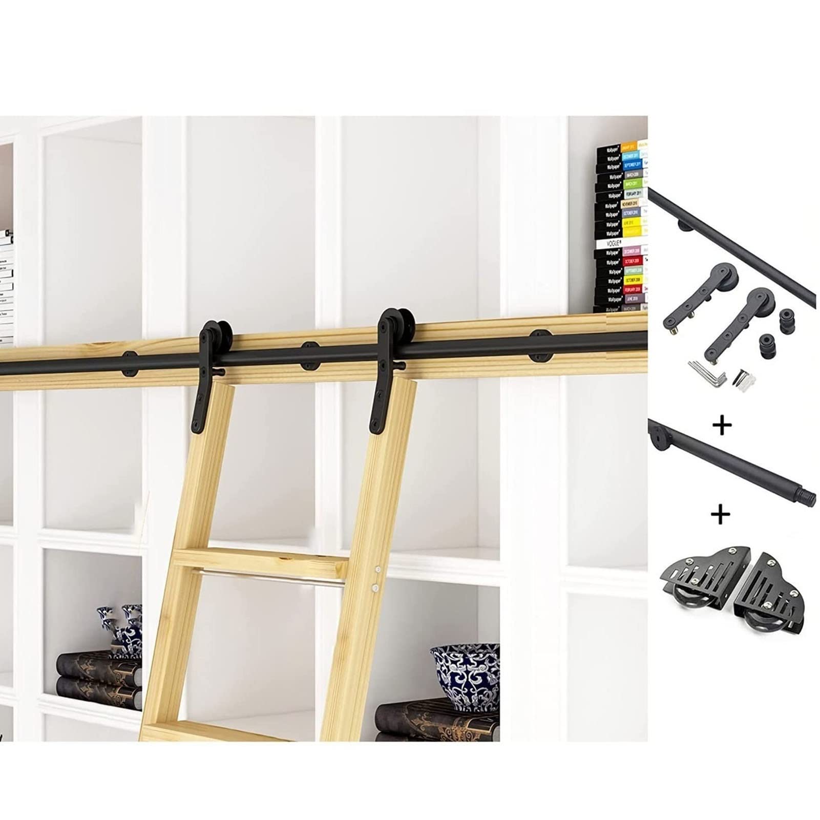 Kit Di Ferramenta Scala Della Libreria Rotolamento - Set Ferramenta Di Binario Porta Scorrevole, Accessorio Per Binario Per Scale Mobile Nero (con Rulli A Pavimento), Adatto Per LOFT/libreria