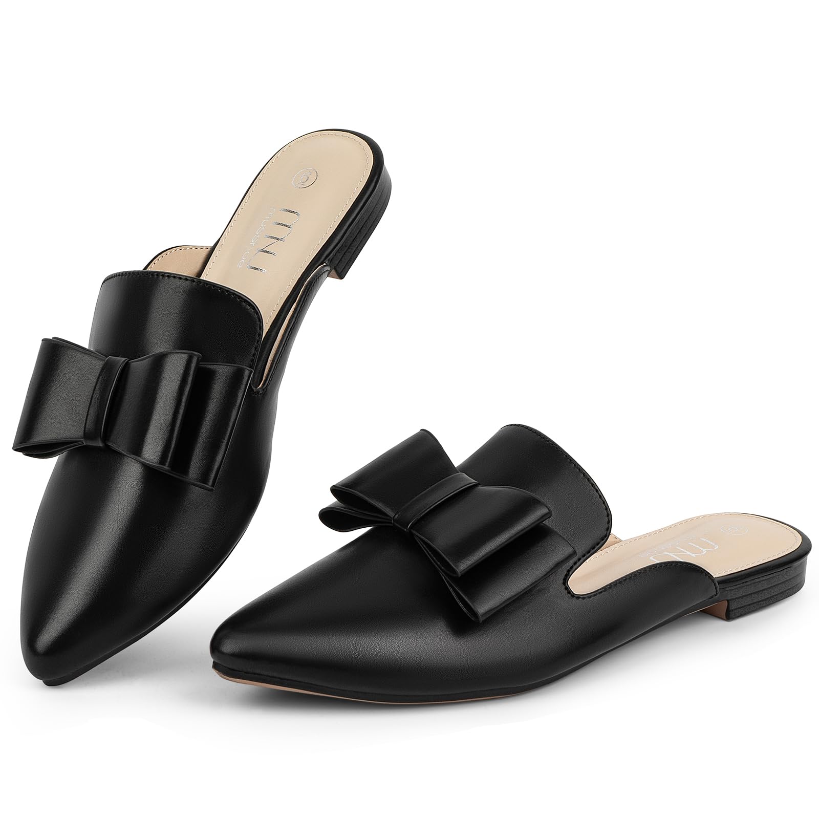 MUSSHOE Mules for Women with Bow Knot: Pointed Toe Flats - Cloud-Cushion Suede Backless Loafers for Office &amp; Casual Wear - Wide-Fit Friendly Slip On Slides with Memory Foam