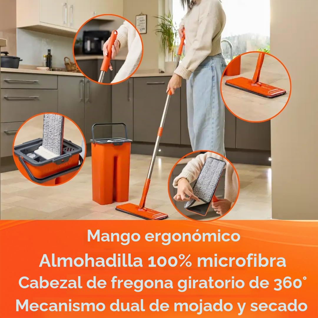 Macromax Aqua Revolution - Juego de fregona Plana y Cubo, con Capacidad de 8 litros, Limpieza en húmedo y seco, Cabezales de fregona de Microfibra Lavables y reemplazos, Mango Giratorio de 180°, mopa