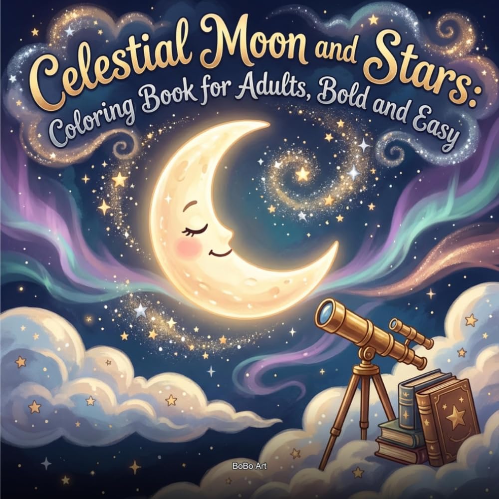 Celestial Moon and Stars Coloring Book for Adults: Dreamy Night Sky Designs for Relaxation: 52 Whimsical Cosmic Illustrations Featuring Moon Phases, ... Landscapes, and Magical Celestial Scenes