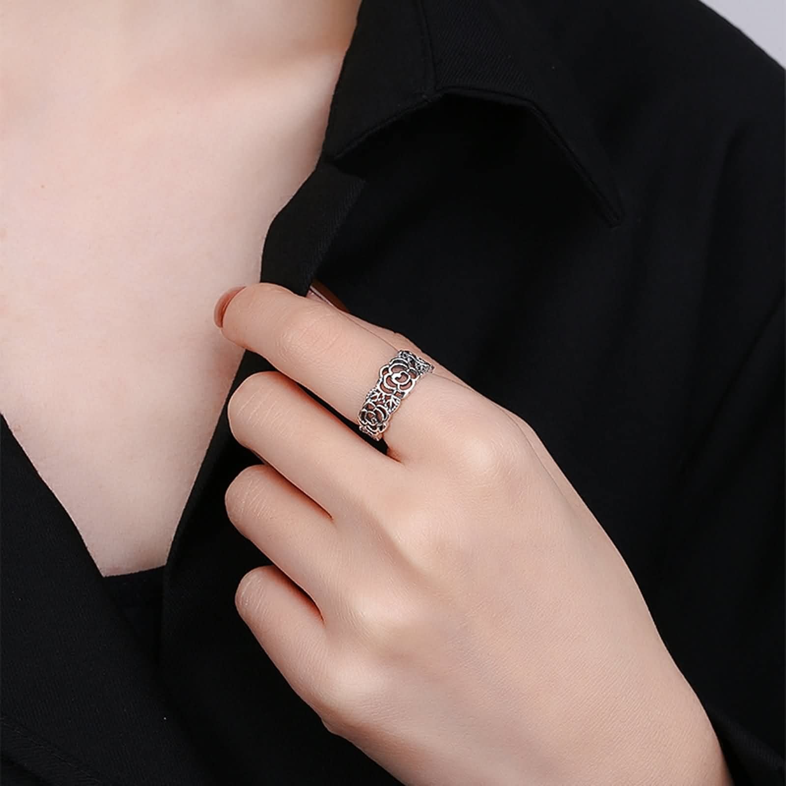925 anelli a fascia da donna, anelli regolabili aperti per le donne in argento sterling con rosa cava regolabile gioielli alla moda per lei, Adjustable, Nessuna pietra preziosa