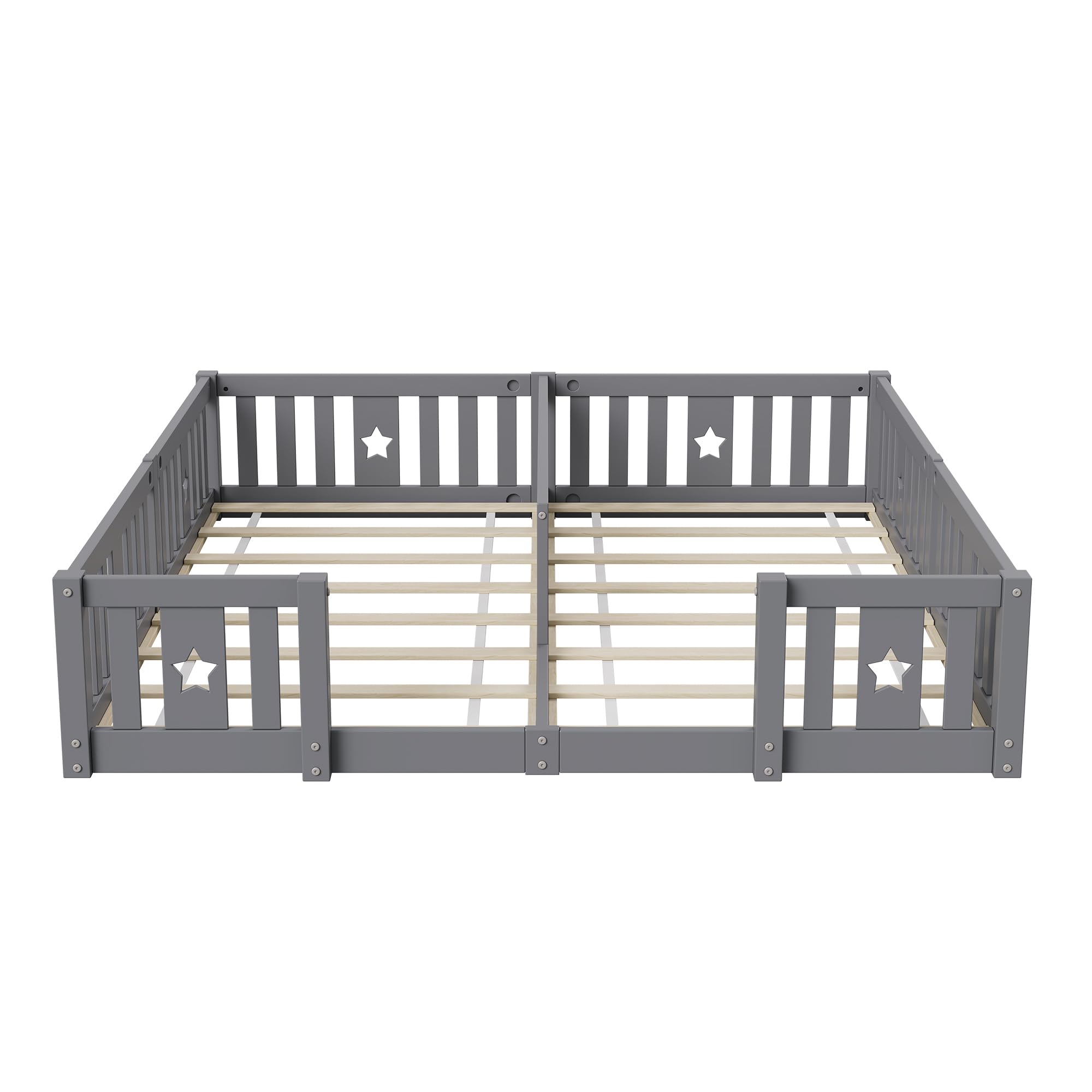Cama baja de 180x200 cm para 2 niños, cama doble Montessori con barandilla de seguridad, cama baja de 90x200 cm, cama infantil para hermanos, madera maciza (Gris-B01, con somier de láminas, 180x200)