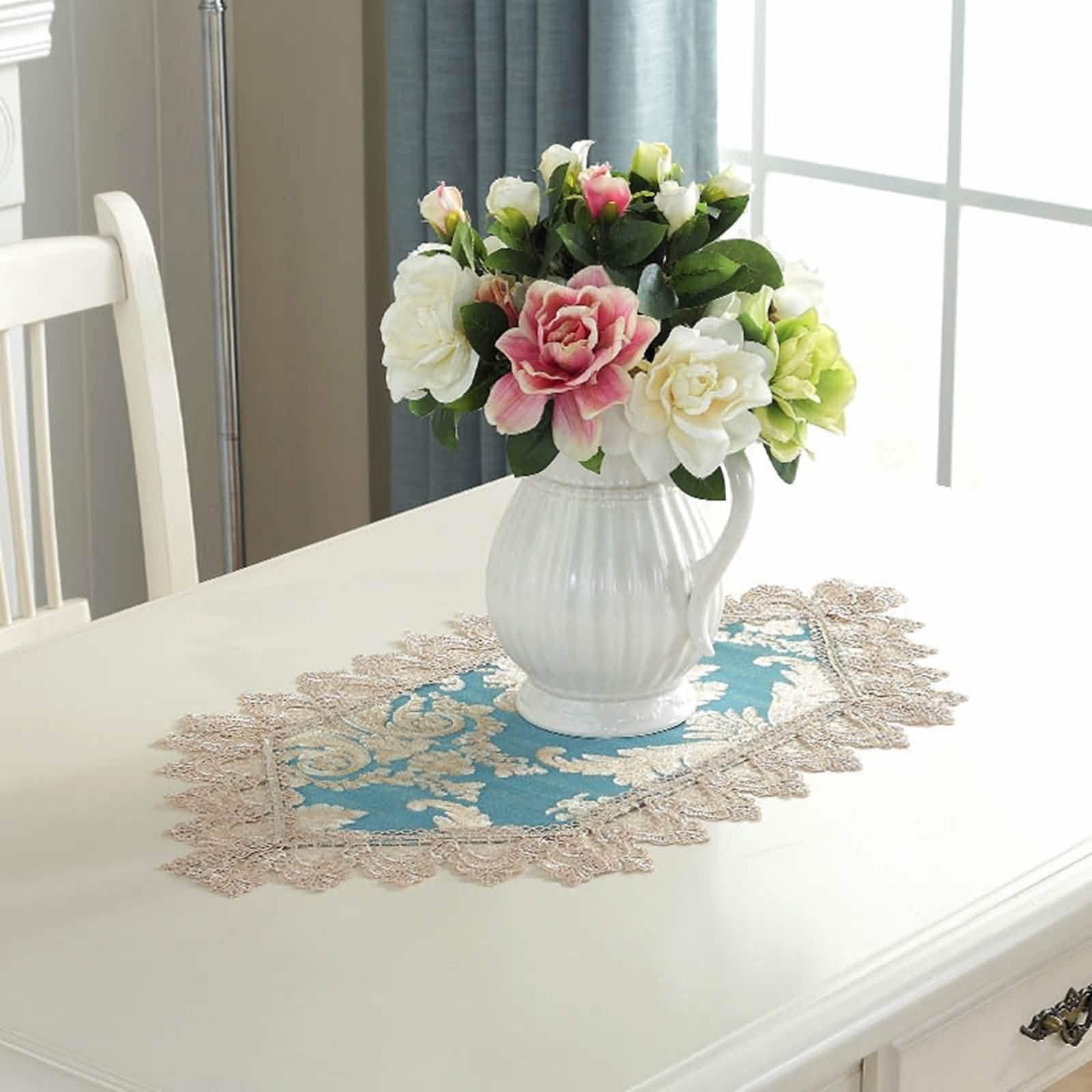 Tischläufer Hochzeit Vintage, Tischläufer Spitze Abwaschbar Pfauenblau 40x280CM Dreieck-Stickmuster Polyester Tischdeko Wohnzimmer Küche