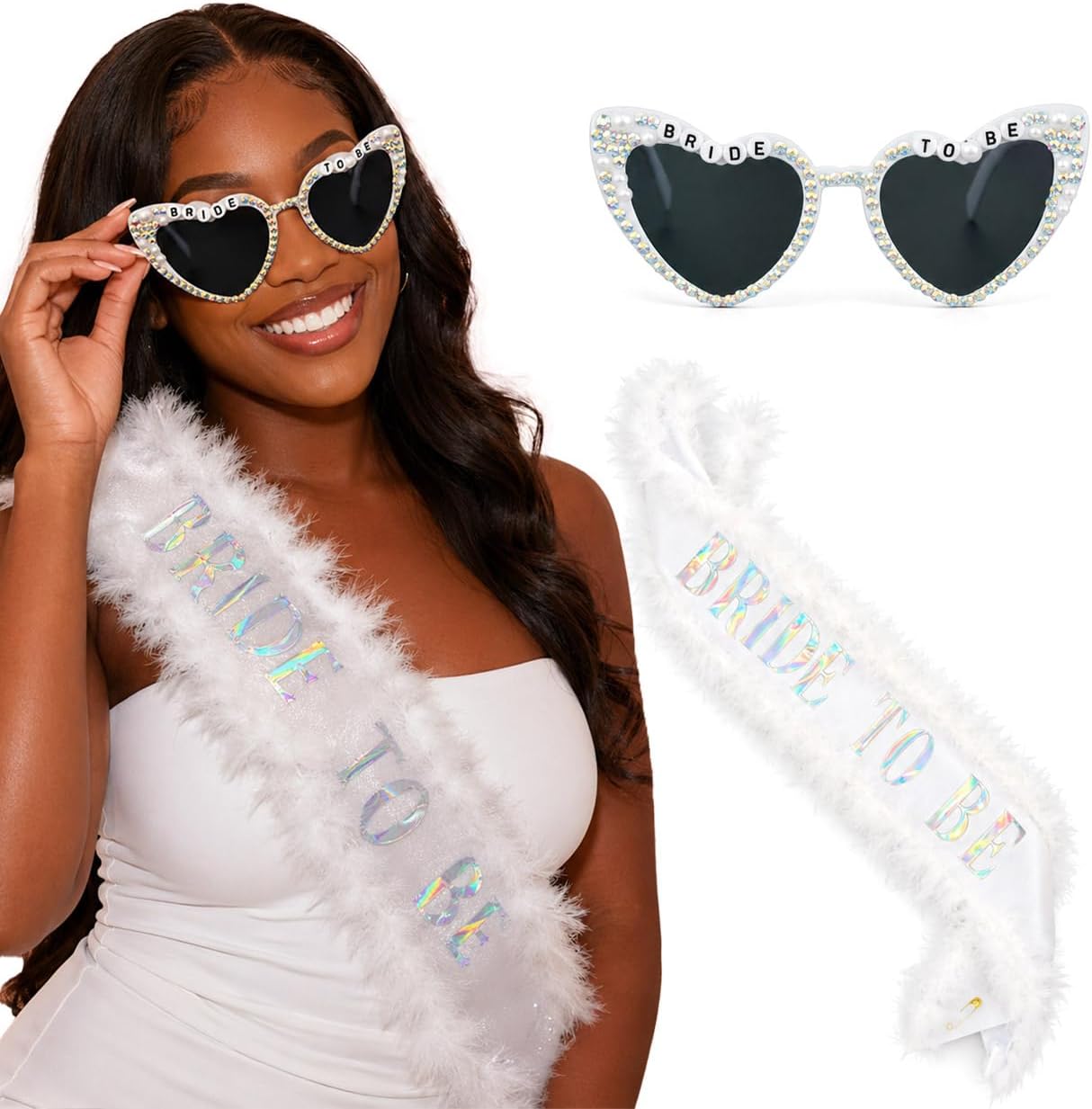 ELABEST Bride to Be Sash and Sunglasses Set 2pcs Fluffy White Faux Feather Bridal Sash & Rhinestone Glasses Glam Bachelorette Party Supplies Bridal Shower Favors for Future Mrs