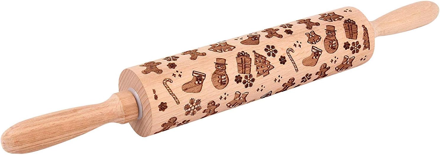 Christmas Embossed Wooden Rolling Pins Engraved Embossing Wood Roller Pin with Christmas Patterns for Baking Cookies