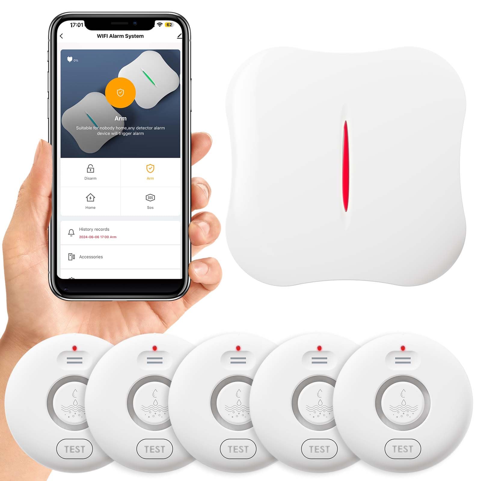 WiFi Water Leak Detectors 5 Pack, 120dB Adjustable Loud Water Leak Sensor, Wireless Wi-Fi Water Leak & Drip Alarm, App Alerts, 5 Water Alarm Sensors & 1 Hub for Home Kitchen, Bathroom, Sink, Laundry