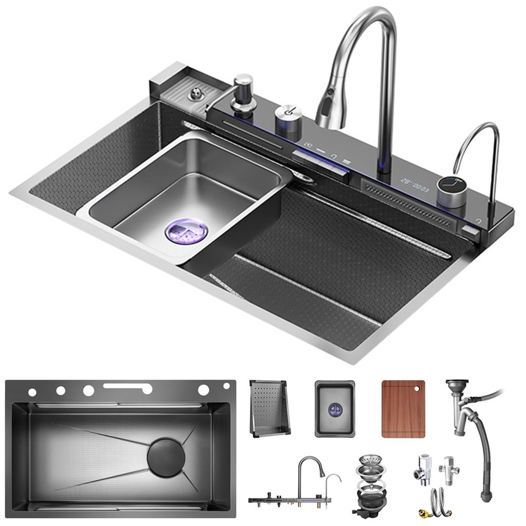 WIQUYBML Single Bowl Waterfall Kitchen Sink Multifunctional Stainless Steel Bar Counter With Integrated Faucet, Drain Basket, Basin, Cutting Board, Drainage Component (Color : Black, Size 68x45x