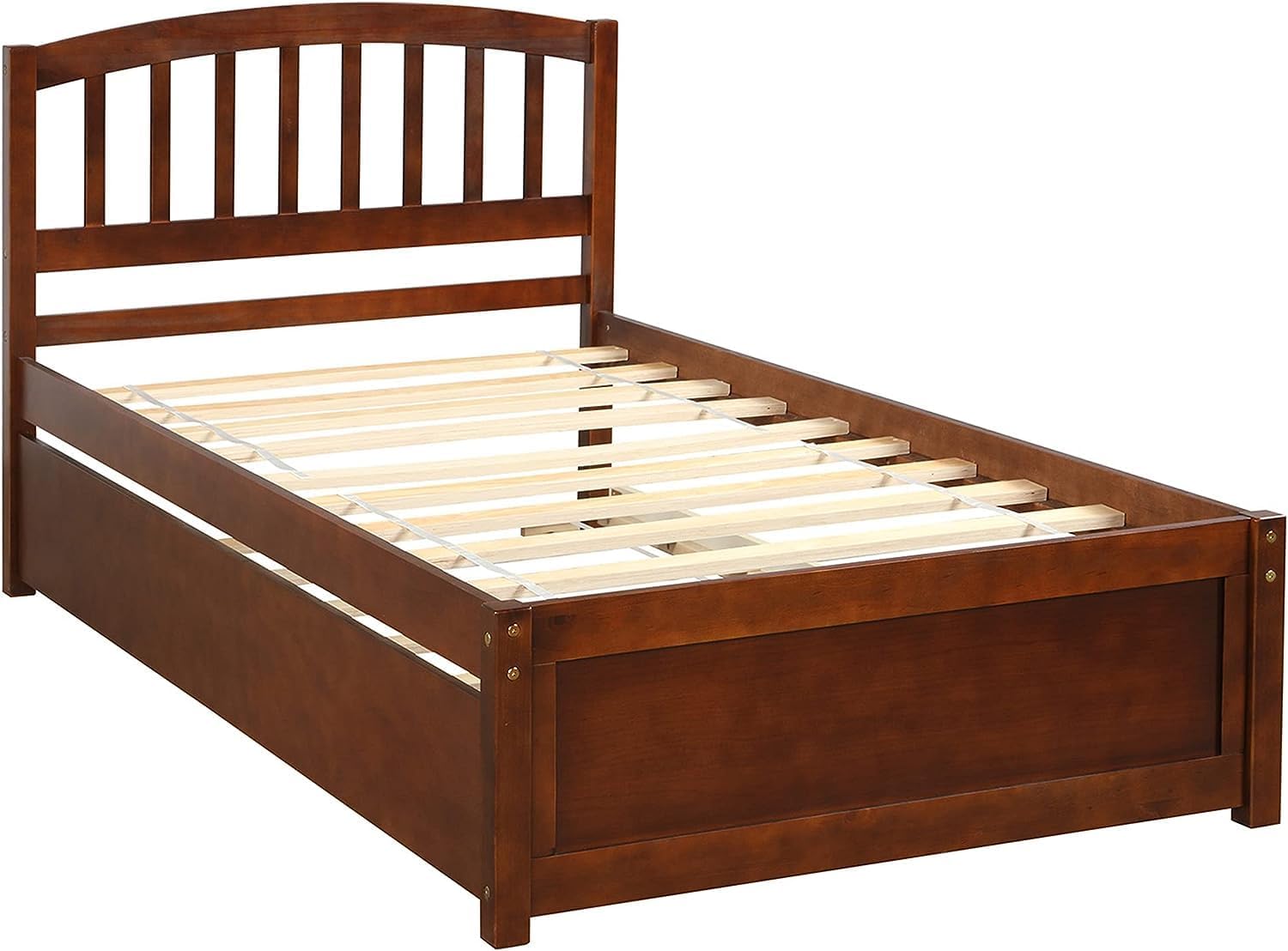 Harper & Bright Designs Twin Bed Frame with Trundle, Twin Bed Frame with Headboard, Wood Twin Platform Bed with Pull Out Trundle for Kids, Guest Room,No Box Spring Needed,Walnut