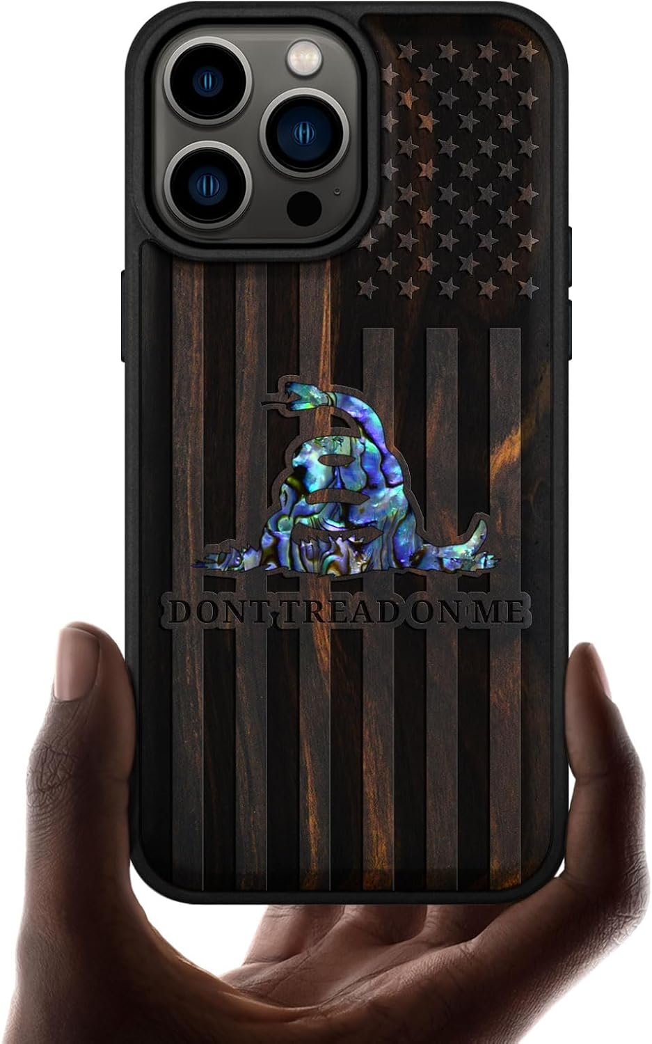 Carveit Designer Wooden Protective Magnetic Case for iPhone 14 Pro Max Case [Wood Engraving & Shell Inlay] Compatible with 14 Pro Max MagSafe (Gadsden Flag-Blackwood)