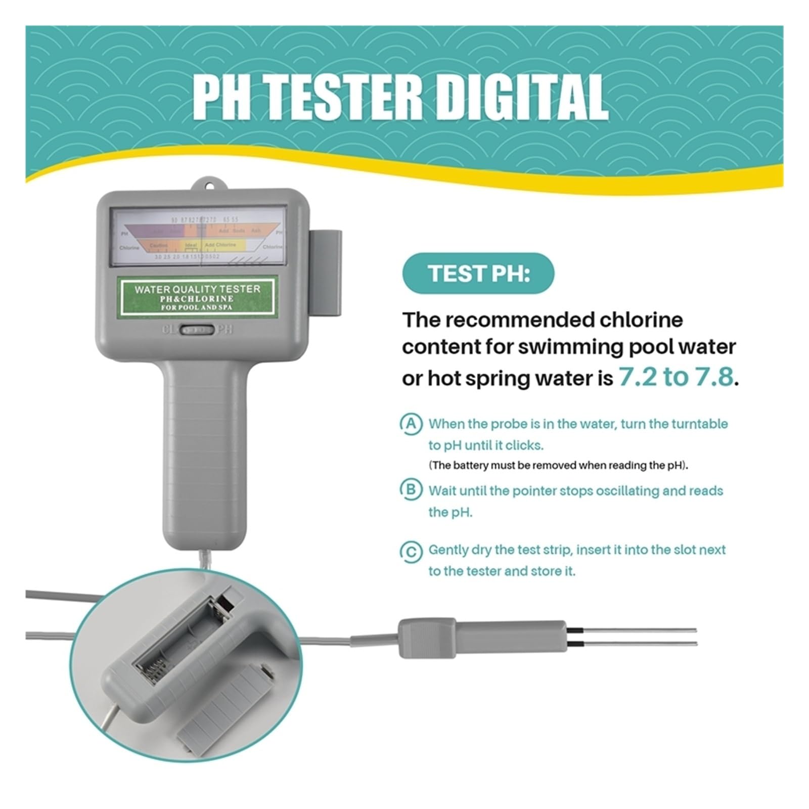 Tester della qualità dell'acqua Misuratore di pH dell'acqua, tester di cloro, misuratore di livello della spa, rilevatore di qualità della piscina, monitor di misurazione
