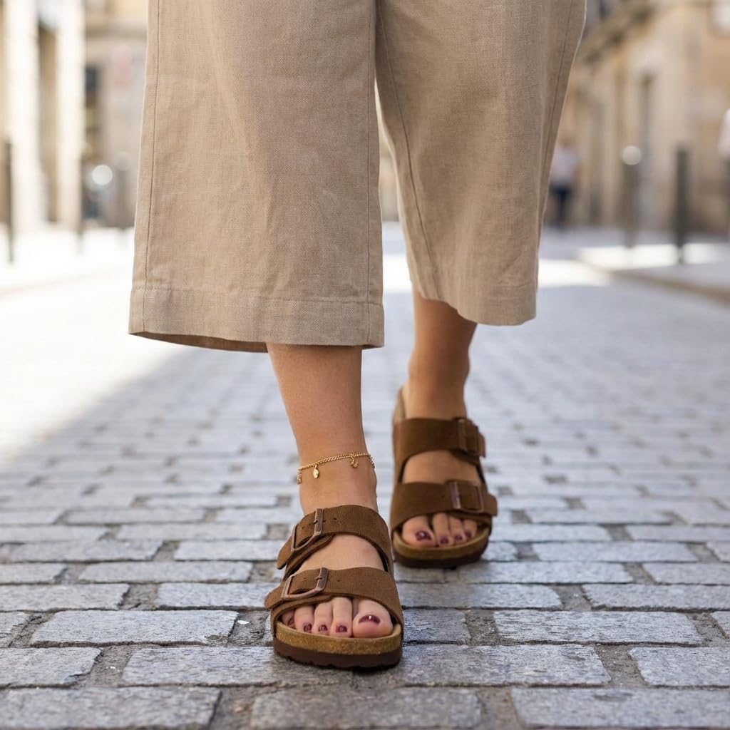 CUSHIONAIRE Lane Cork Footbed Sandals for Women – Comfortable Double Buckle Slip-On with Genuine Suede Footbed & Arch Support Slides for Women Footwear