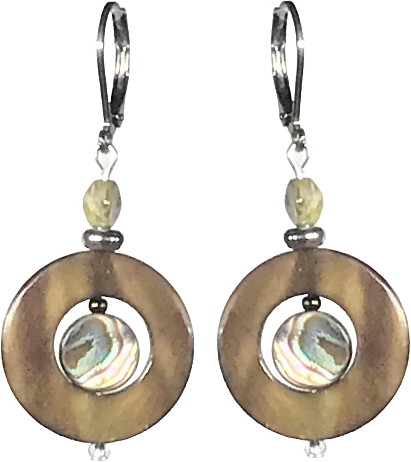 CariCat Designs Handmade Tiger's Eye with Inset Abalone Shell and Czech Glass Beaded Earrings - French Wire Lever Backs
