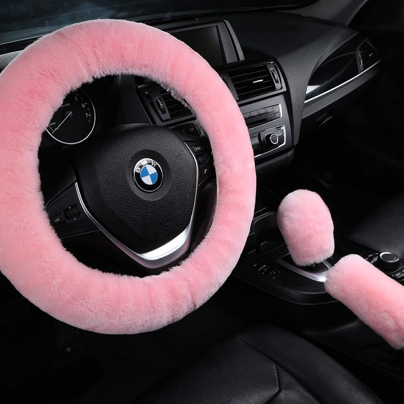 Capa para volante em pele de carneiro Merino rosa com capas para câmbio e freio de mão, kit com 3 peças AOGELAN