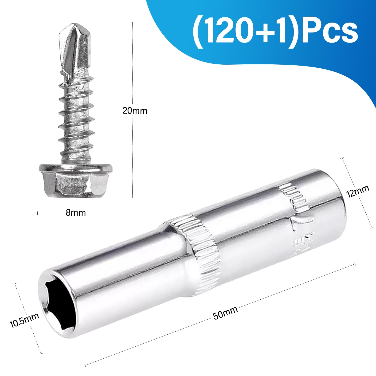 120 Viti Autofilettanti 4,8x16mm Per Lamiere - Con Rondella Di Tenuta, Zincate, Testa Esagonale